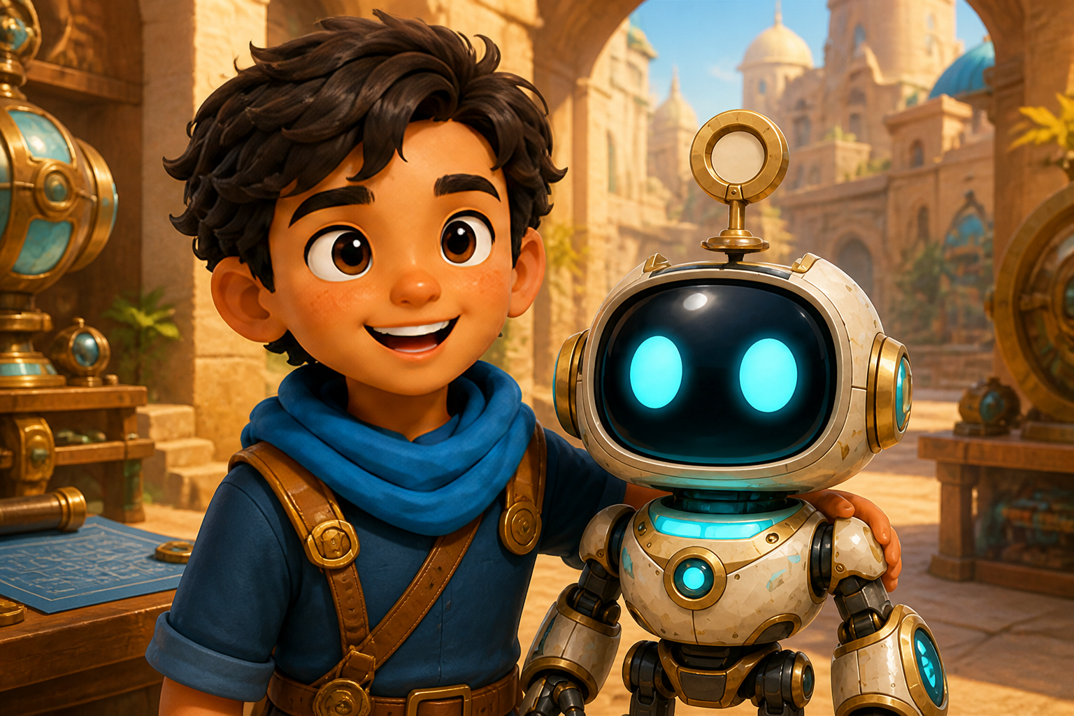Maher, a young inventor, standing with his robot FIX in the Lost City workshop.