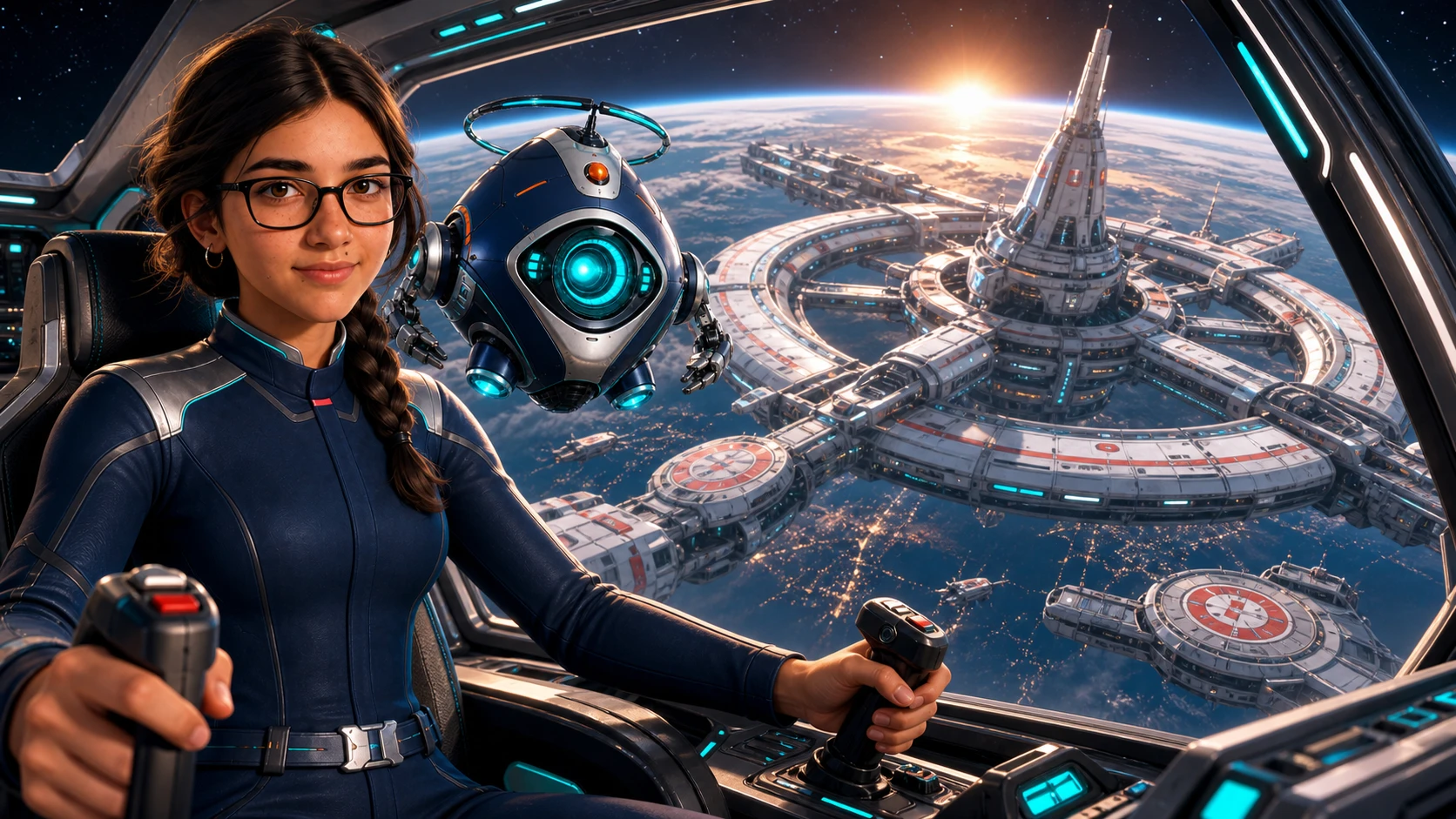 Cadet Tima and the robot NOVA together in the Space Rescue Academy cockpit.